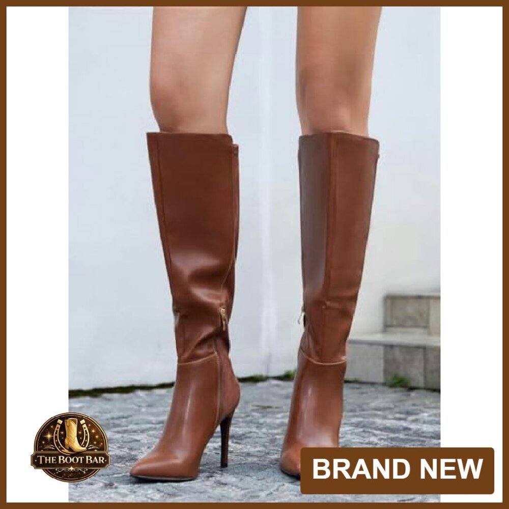 Knee High Boots Pointed Toe Stiletto Heel Leather Zipper Dress Shoes - Picture 4 of 8